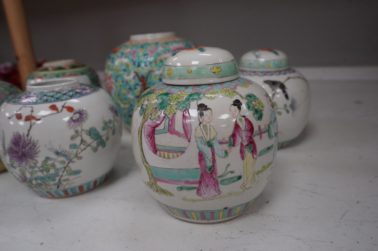 Six early 20th century Chinese enamelled porcelain jars, two with covers, largest 16cm high. Condition - fair, some cracks